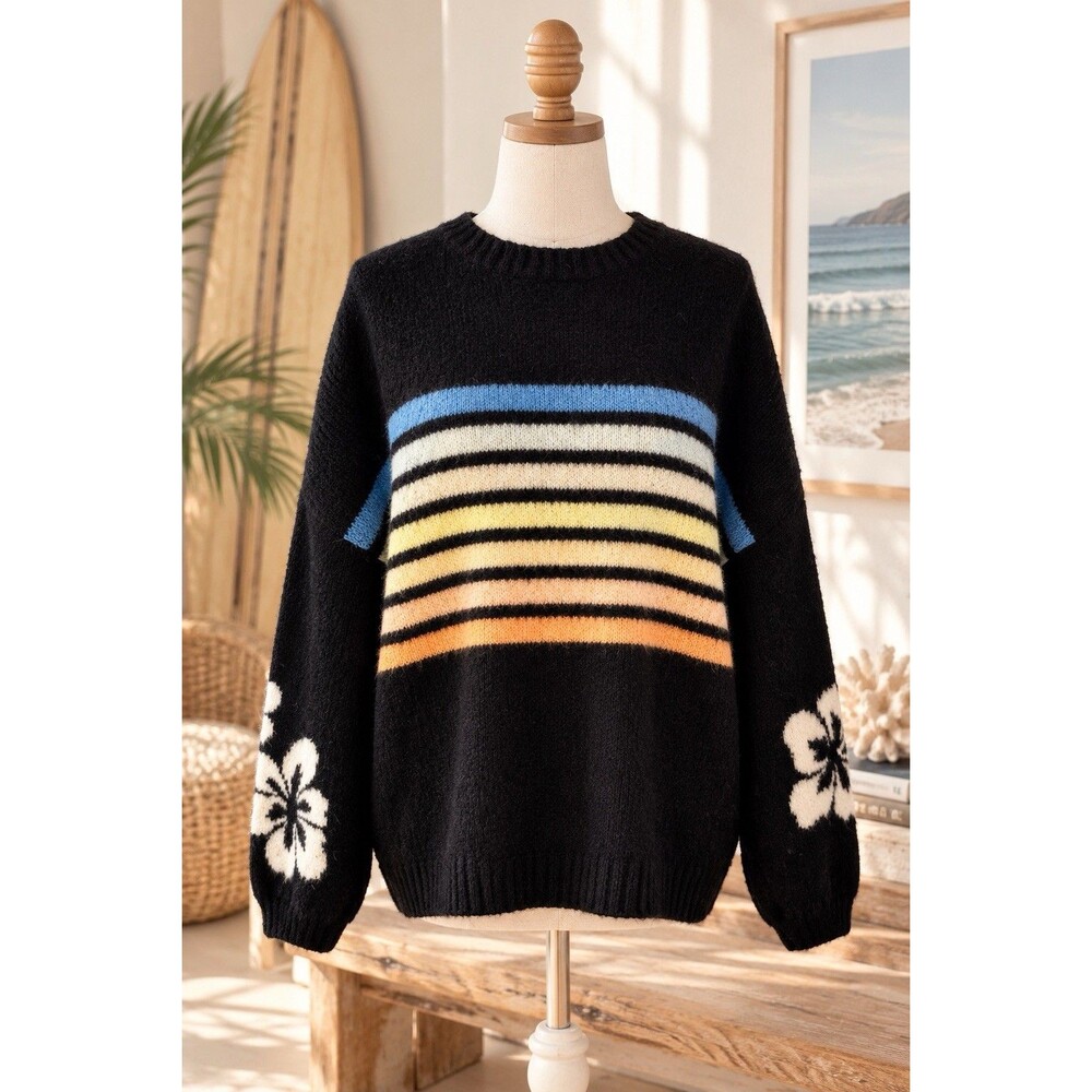 Rip Curl Black Sunset Stripe Floral Sleeve Fuzzy Sweater Women’s Small